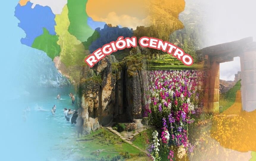 collage con destinos de la zona central fusionados en el mapa del Perú con un texto en arco con palabra REGIÓN CENTRO escrita en medio