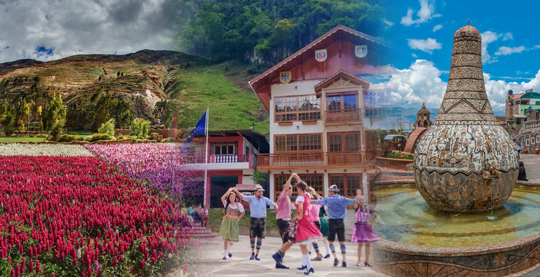 foto collage de un campo de flores de Tarma, baile tradicional oxapampino y plaza de la identidad de Huancayo.