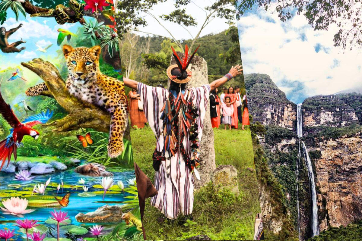 collage de selva peruana, indiginas y catarata