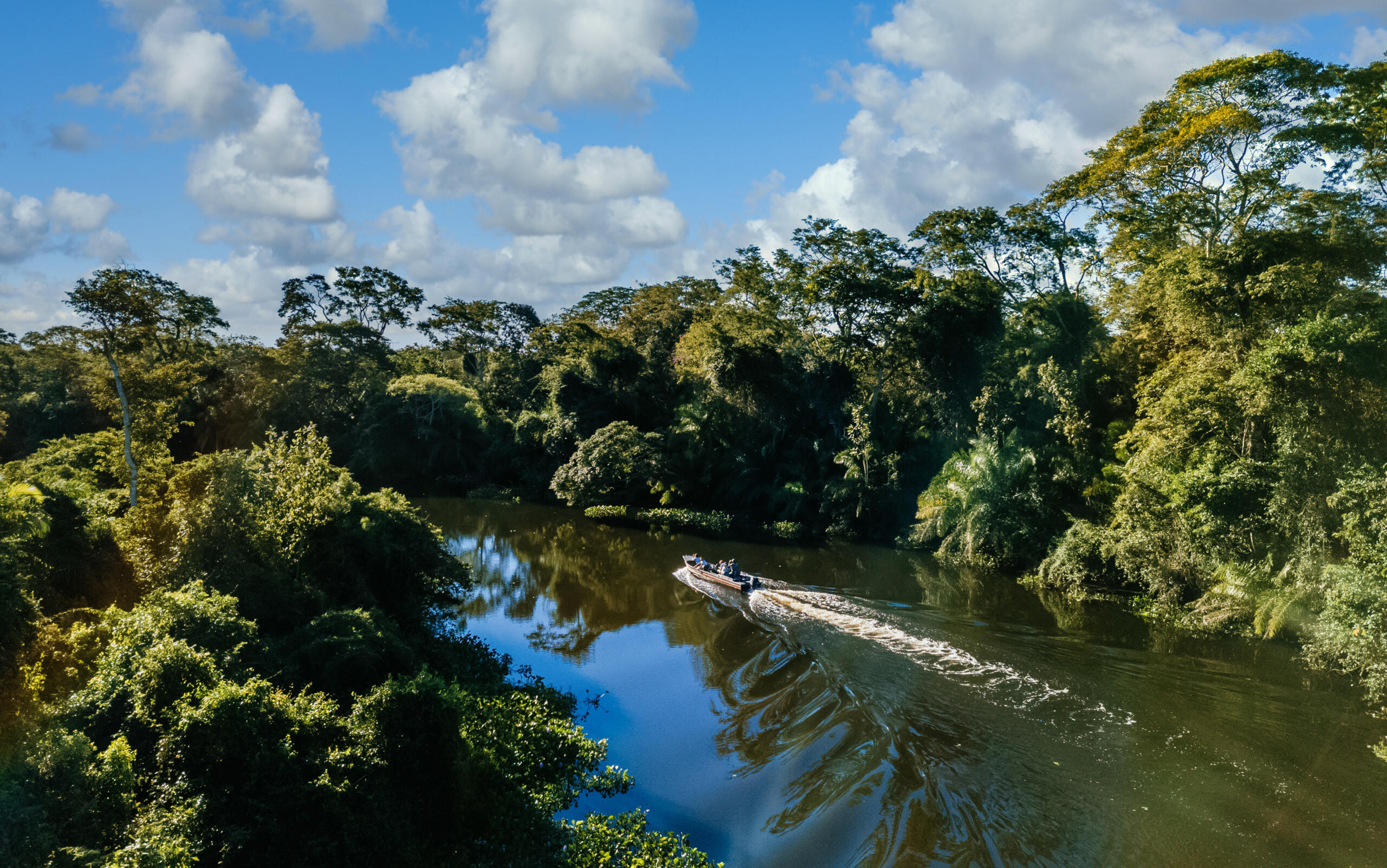 vista de una lancha navegando en el rio en medio de la selva peruana
