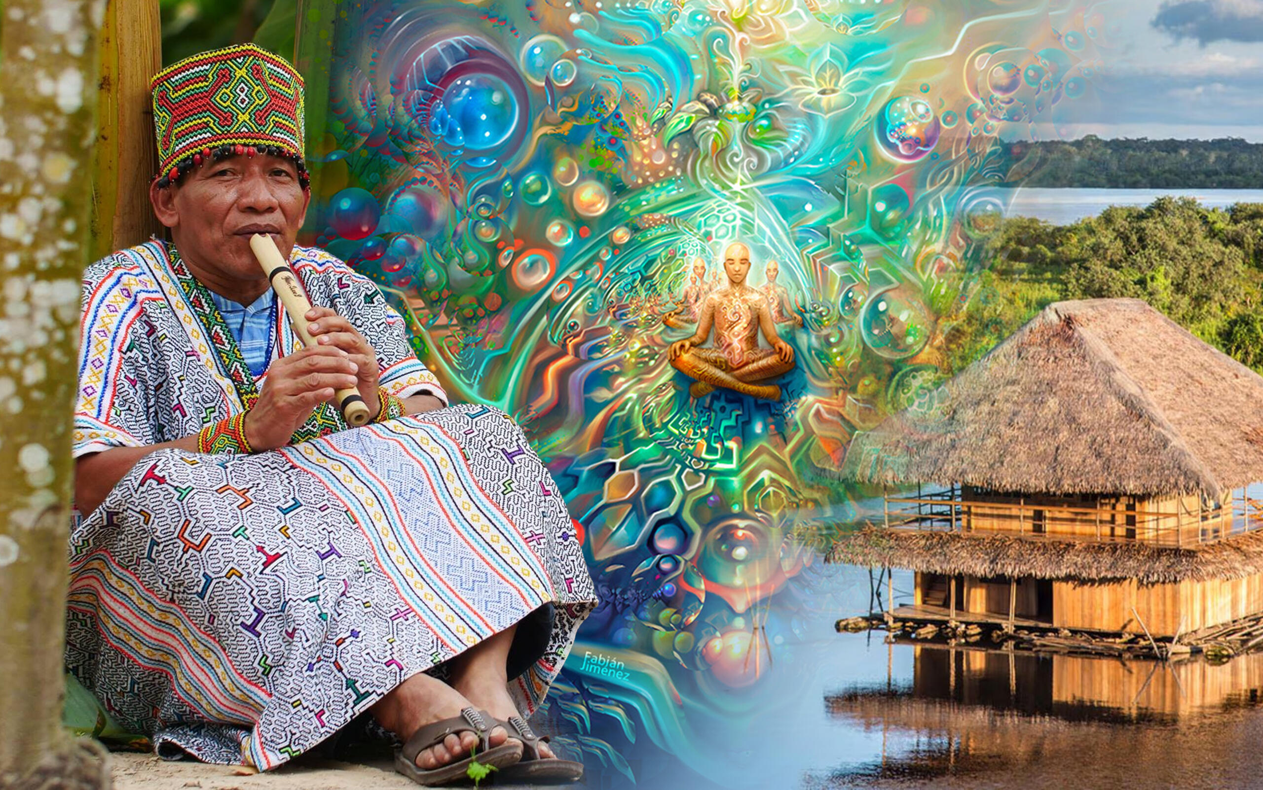 collage de nativo shipibo tocando una flauta, pintura ayahuasca y vista del amazonas