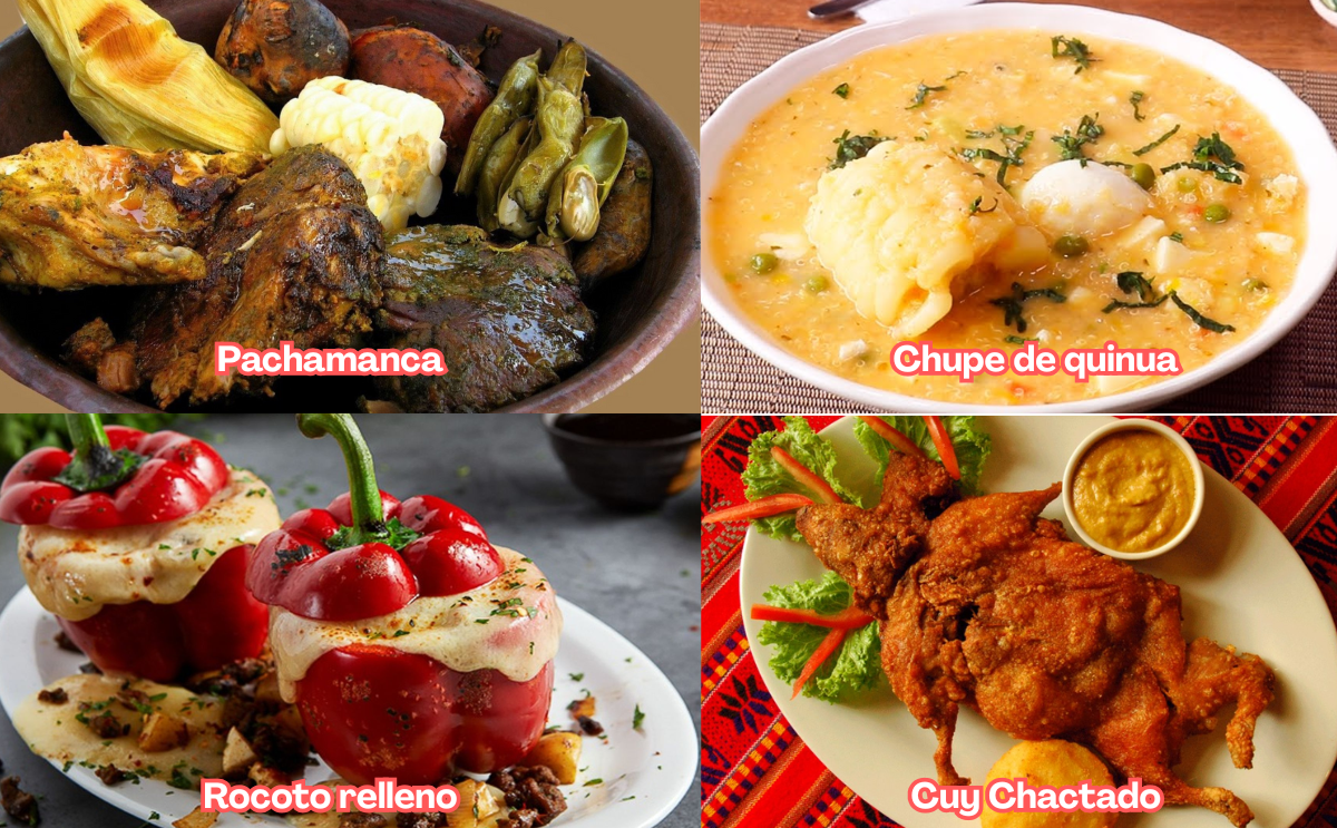 collage con las cuatro fotos de pachamanca, chupe de quinua, rocoto relleno y cuy chactado