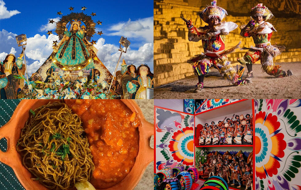 cuatro fotos representativas de la region sur mostrando: festividades, comida, artesanías y danzas típicas