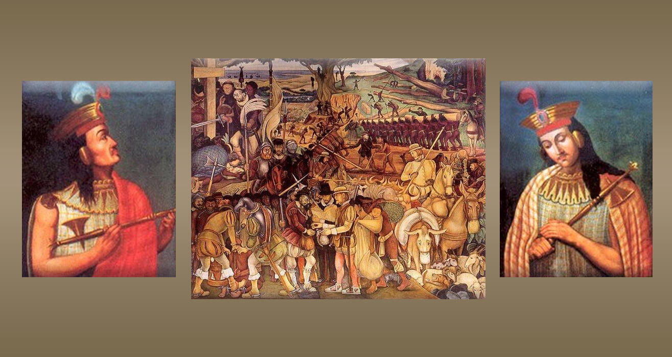 collage con tres pinturas: Atahualpa, socios de la conquista en su llegada al Perú y Huáscar.
