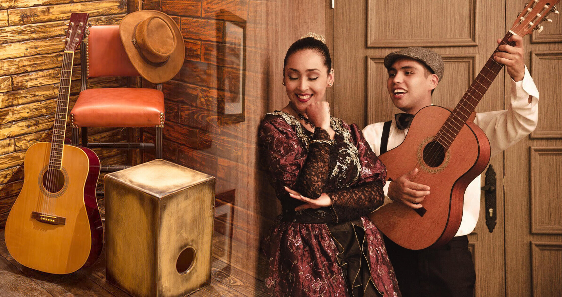 collage de instrumentos criollos guitarra cajon y foto de una pareja sonriente con ropa de época