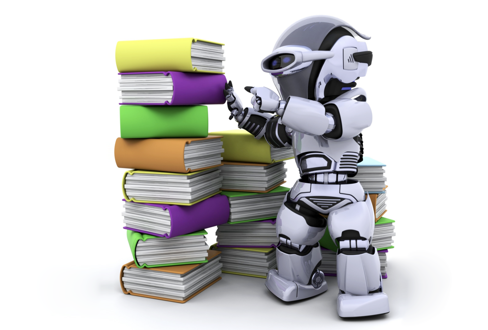 robot rodeado de varios pilares con libros
