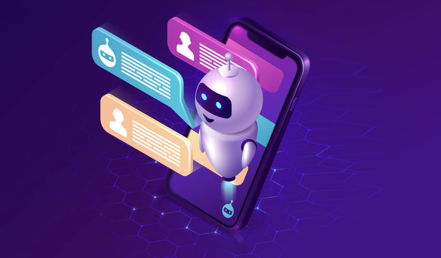 ilustración de chatbot con globitos de conversación saliendo de un celular