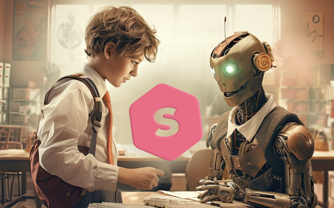ilustracion con ia de un niño y robot juntos en una biblioteca con logo de superprof flotando entre ellos