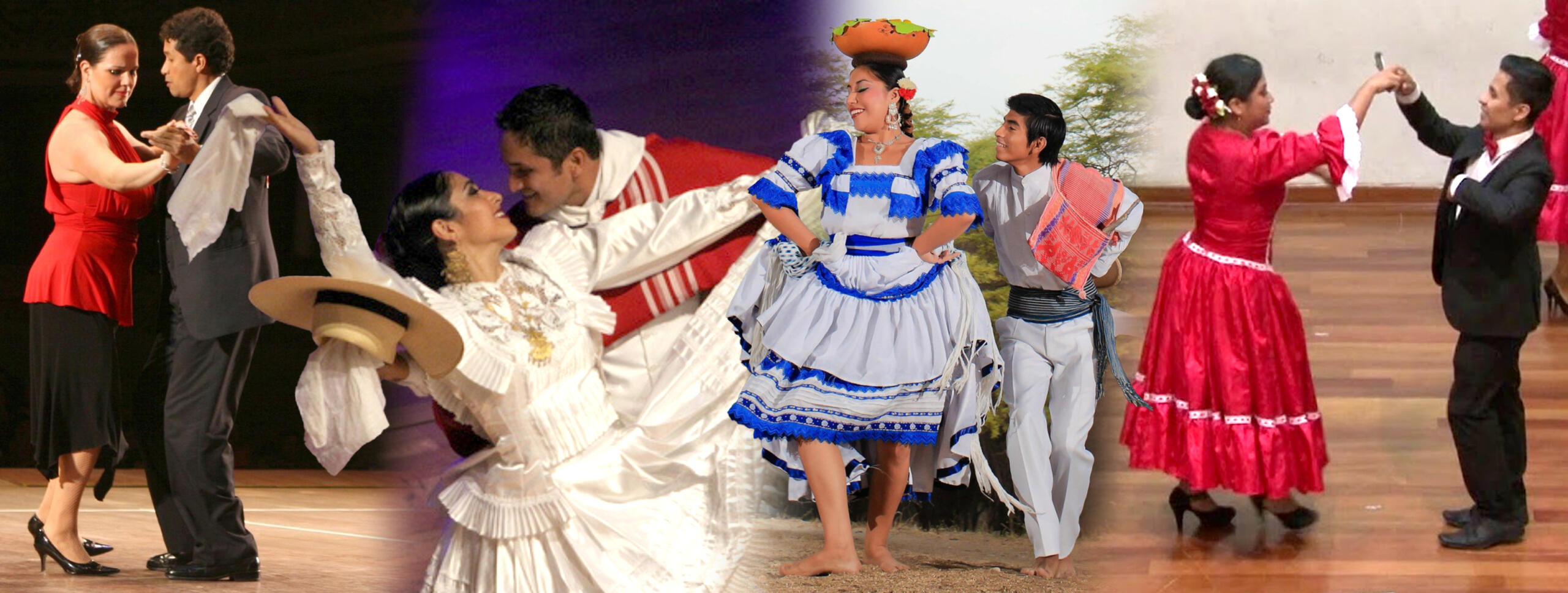 Collage con parejas representativas de: Vals peruano, marinera, tondero y polca peruana