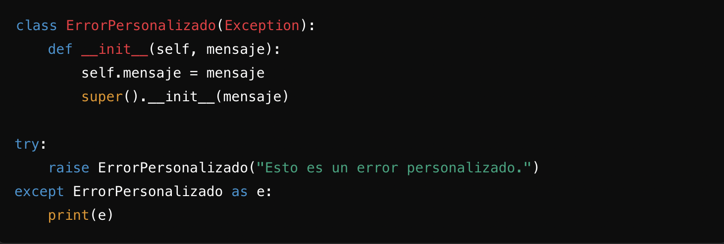 Fragmento de código que muestra una clase de excepción personalizada en Python, demostrando la gestión de errores con un mensaje de error personalizado.
