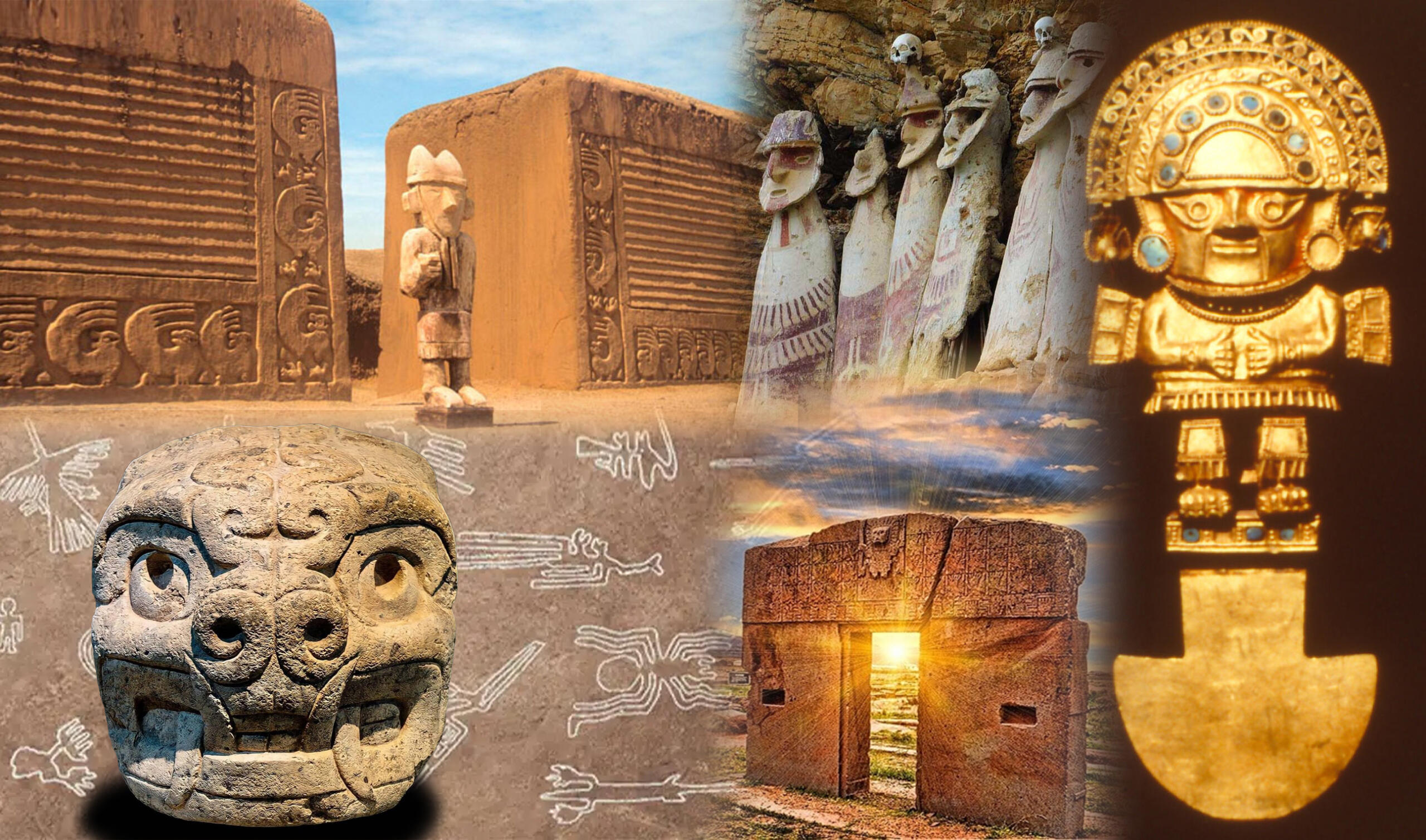 collage de ruinas y elementos representativos de las diferentes culturas precolombinas