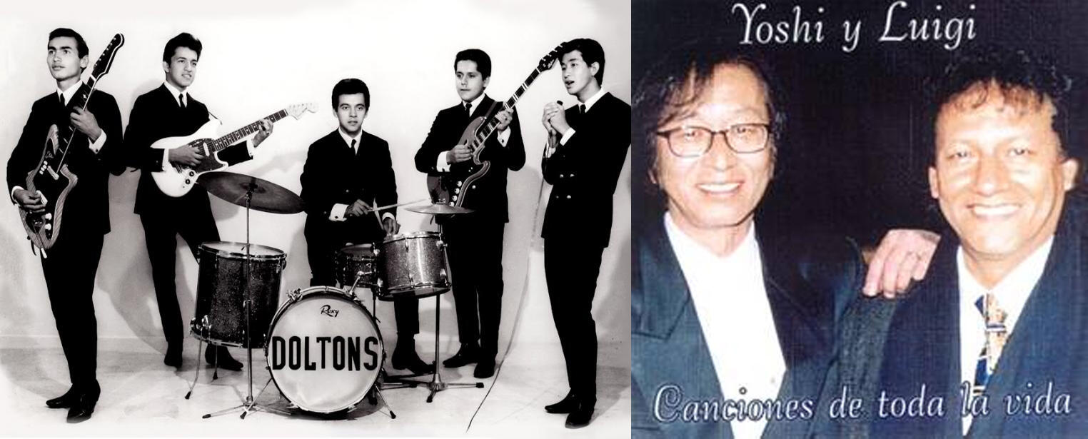 foto de los doltons junto a una portada de disco antigua de Yoshi y Luigi