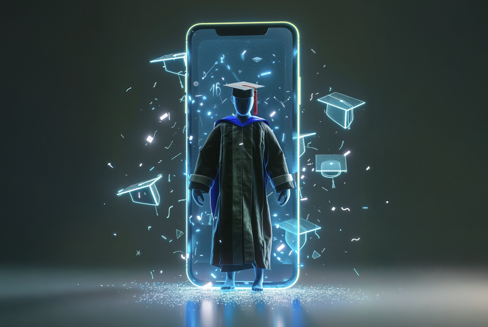 alumno cibernético con toga saliendo de una pantalla de celular con brillos y birretes virtuales también saliendo de la pantalla como hologramas