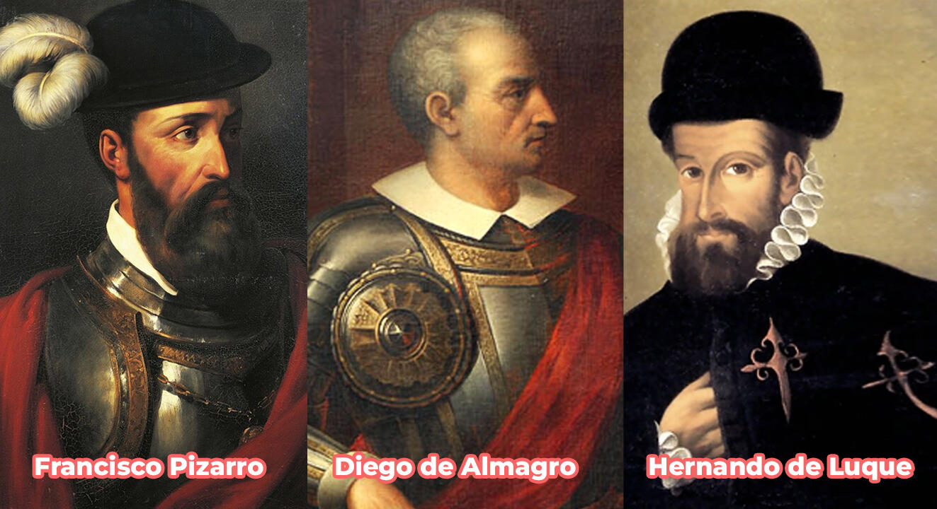 collage de los tres conquistadores del Perú (Pizarro, Almagro y Luque)