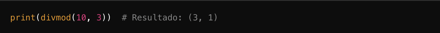 Fragmento de código que muestra el uso de la función `divmod` en Python, calculando el cociente y el resto de 10 dividido por 3.