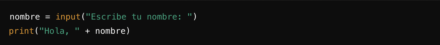 Una captura de pantalla de código en español que pide un nombre y luego imprime un saludo usando ese nombre.