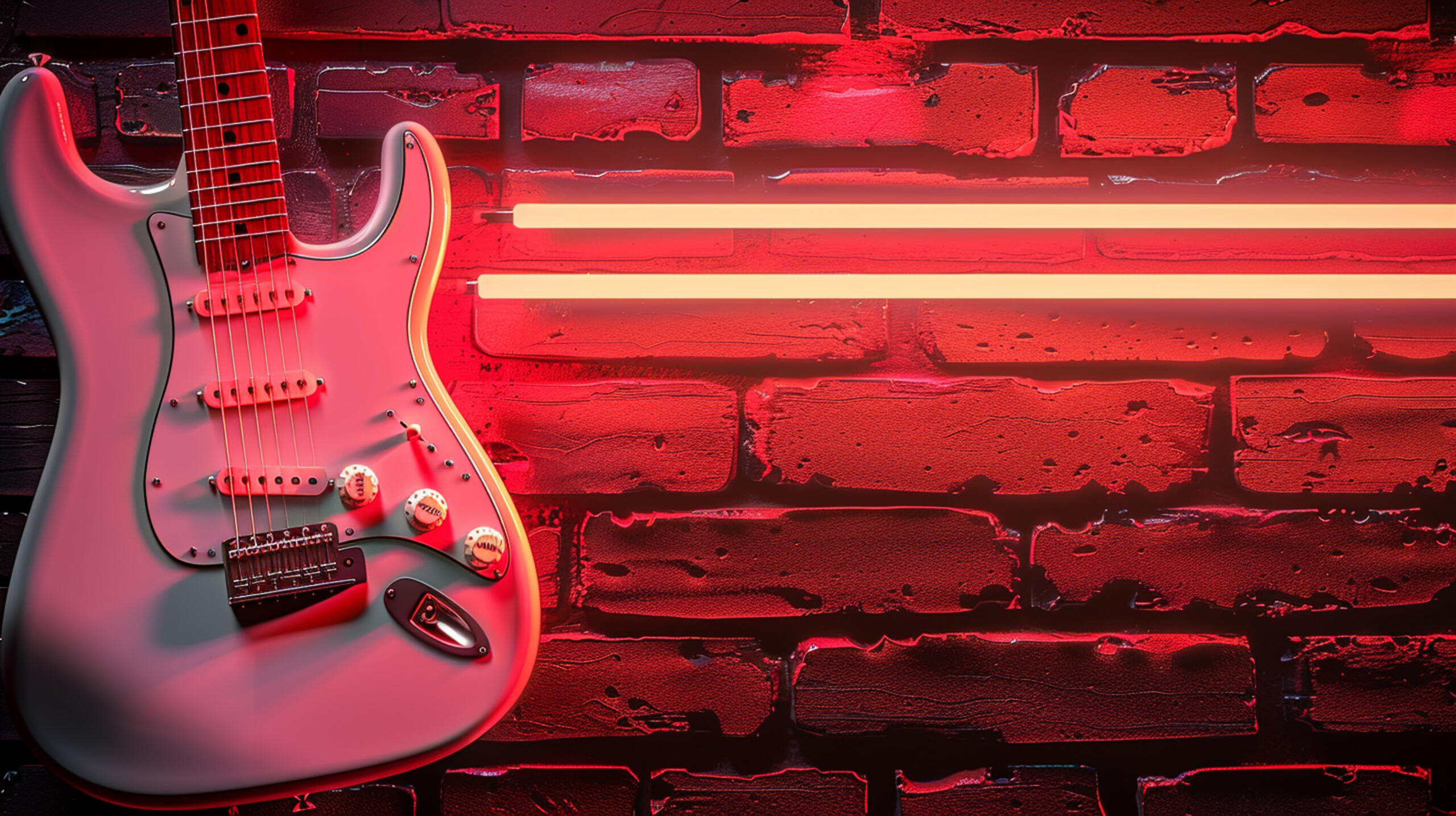 guitarra eléctrica apoyada en un muro junto a dos franjas rojas neon