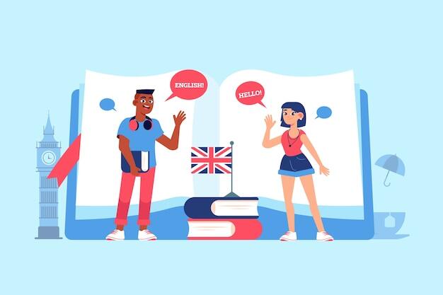 ilustración de dos personas saludándose en inglés con unos libros apilados y la bandera inglesa junto al Big ben y otros elementos londinenses