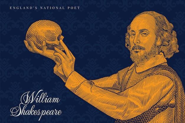 ilustración de shakespeare sosteniendo una calabera