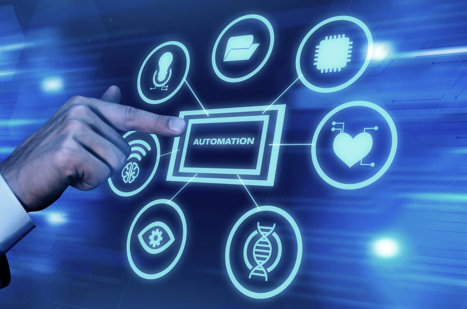 mano señalando un boton que dice automation con círculos de iconos alrededor