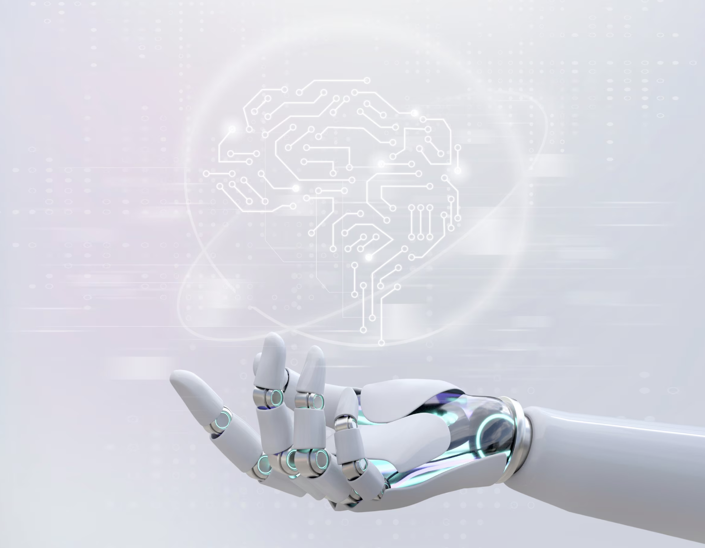 mano robotica sosteniendo un holograma de un cerebro tecnológico