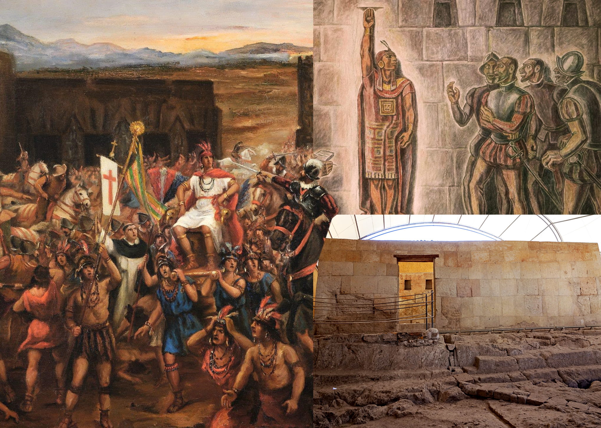collage de imagenes de la lucha de los incas contra los españoles, captura de Atahualpa y el cuarto de la conquista