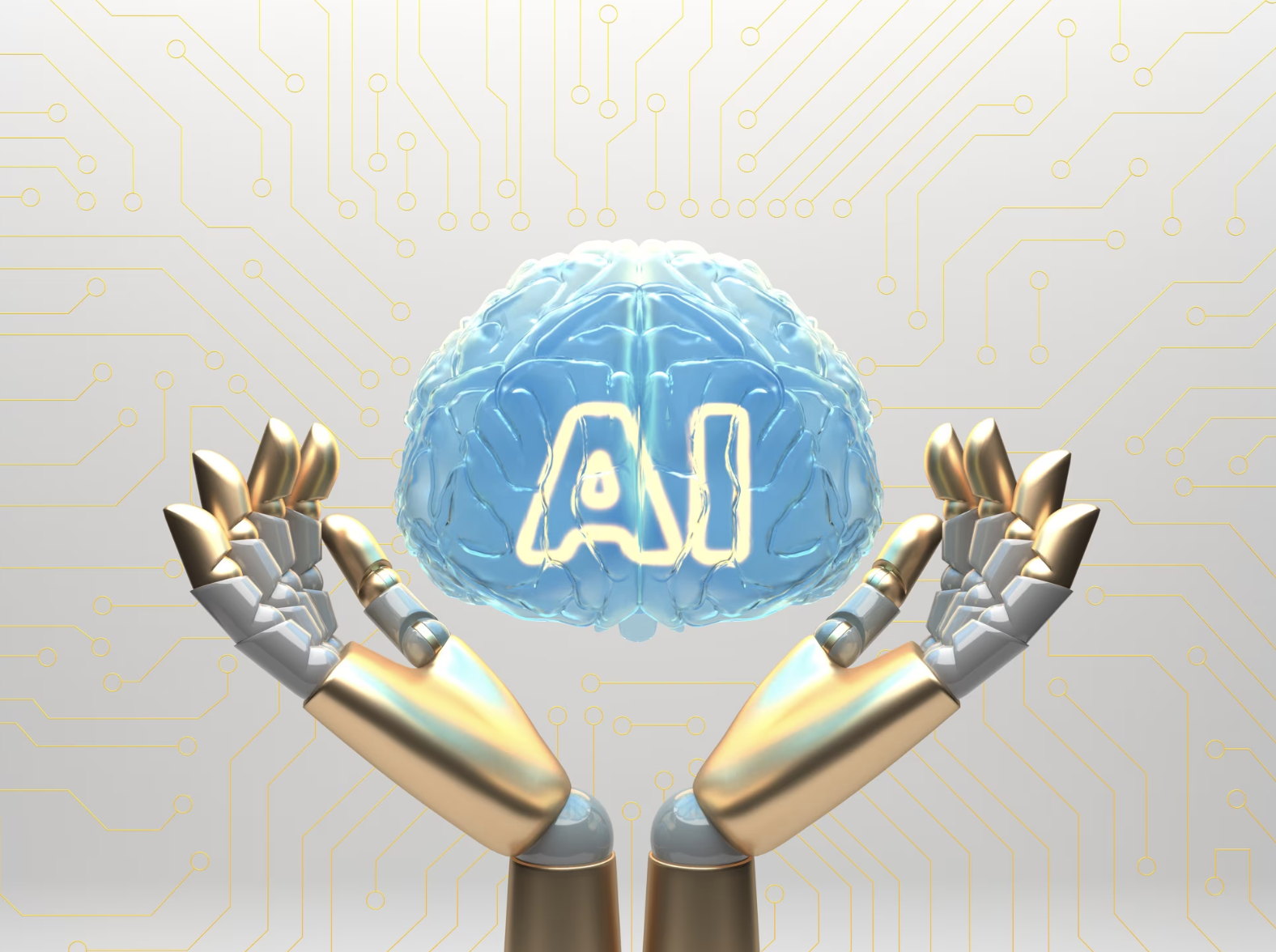 manos robóticas sosteniendo un cerebro holográfico con las letras AI en medio