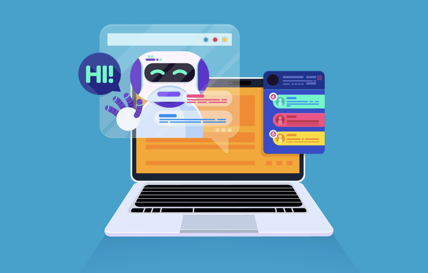 ilustracion de una laptop con elementos de la pantalla saliendo un robot saludando y mensajes de un chat