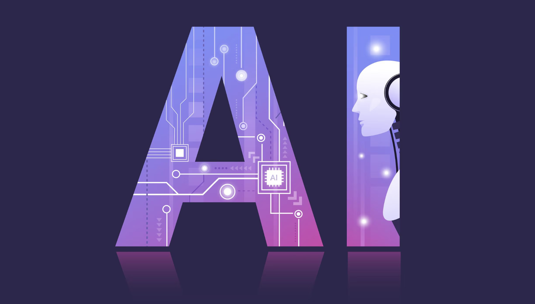 letras AI llenas de circuitos y en la I el perffil de un robot todo sobre un fondo morado oscuro