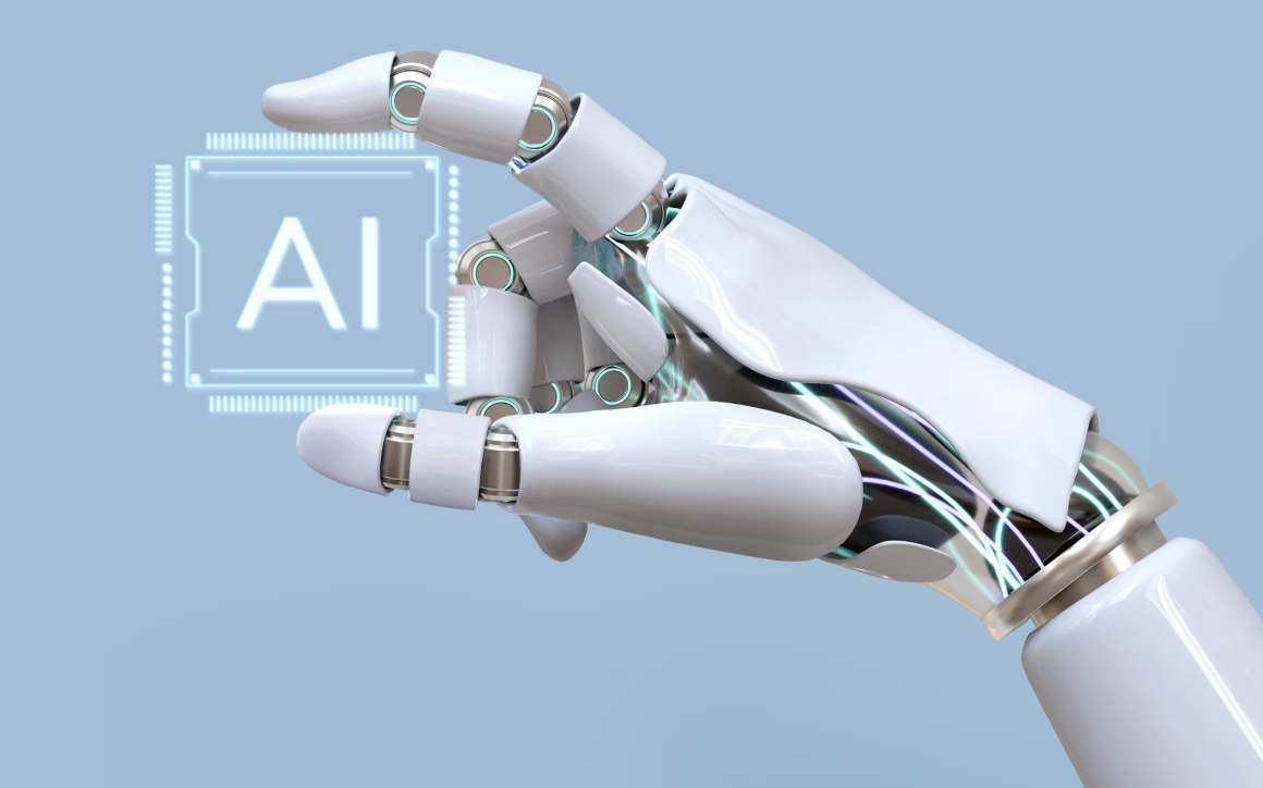 Mano robotica sosteniendo un holeograma cuadrado con las iniciales de AI