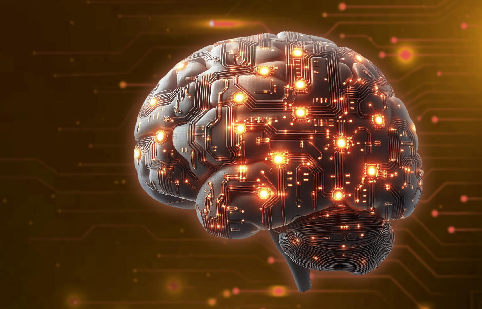 Cerebro tecnológico con conexiones y luces sobre un fondo de redes y luces de fondo