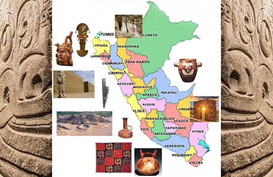 mapa del peru con las culturas precolombinas alrededor y fondo de las ruinas chavin