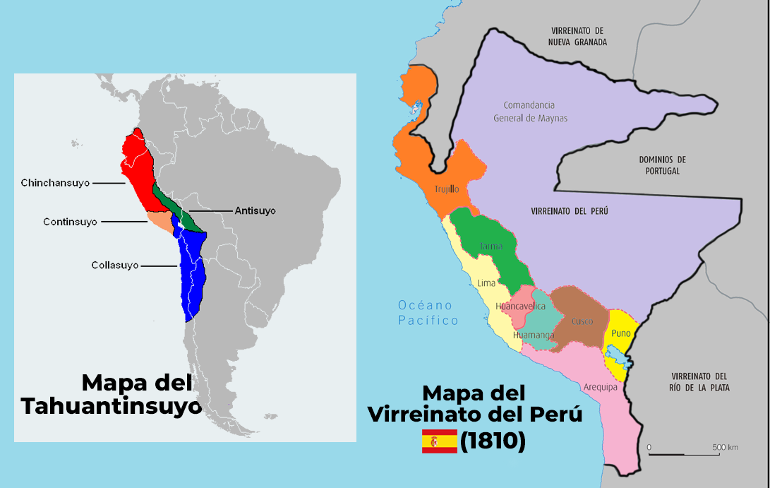 mapa comparativo del Tahuantinsuyo y el virreinato del Perú al 1810