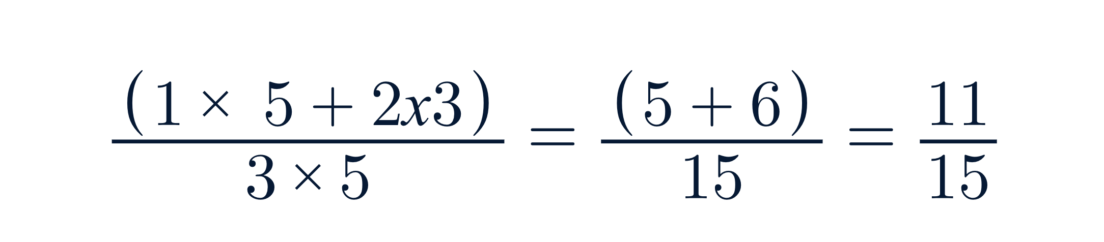 desarrollo de ejercicio matemático:(1x5 + 2x3) / (3x5) = (5 + 6) / 15 = 11/15