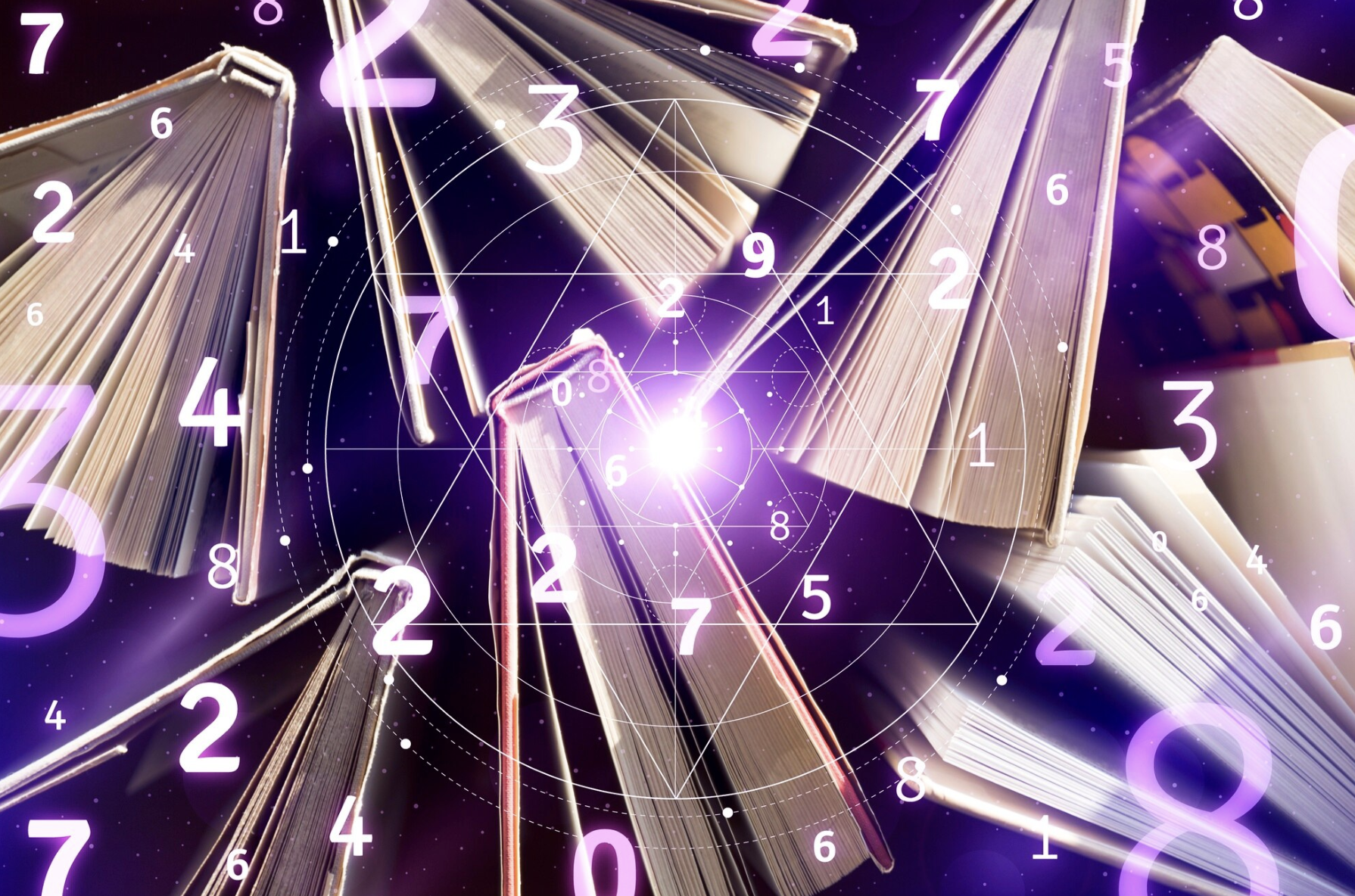 numeros y libros abiertos flotando dispersos en un fondo oscuro con luz morada
