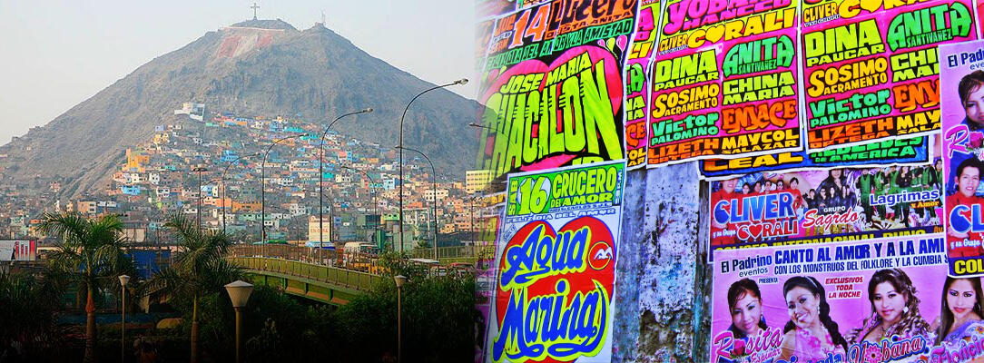 Collage cerro san Cristobal y muro lleno de carteles de cumbia