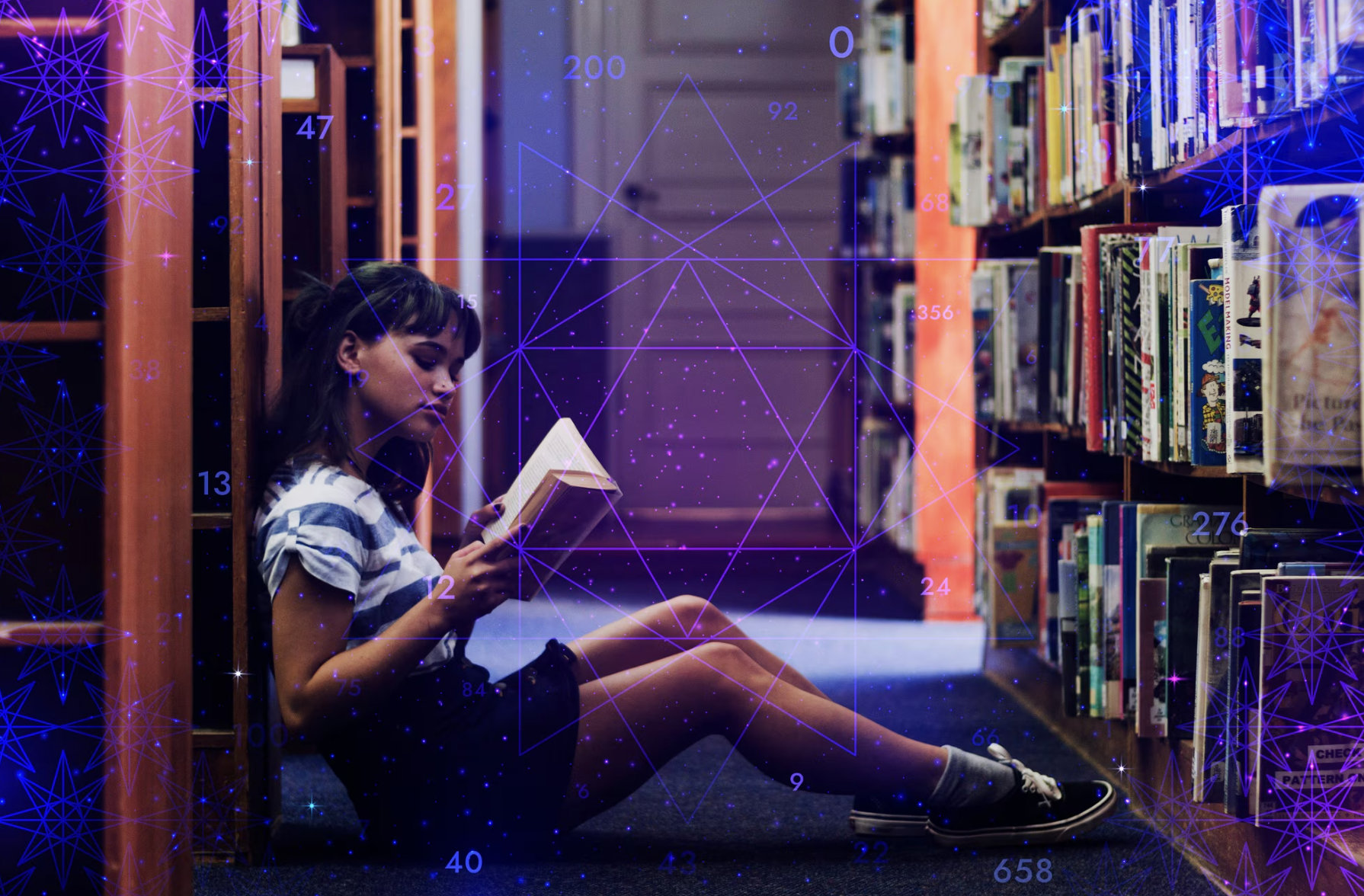 Niña en una biblioteca aprendiendo una nueva materia 