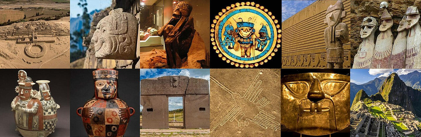 collage con diferentes imágenes representativas de las culturas precolombinas del Perú