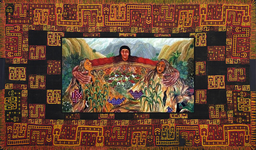 collage de manto paracas con imagen representativa de costa sierra y selva