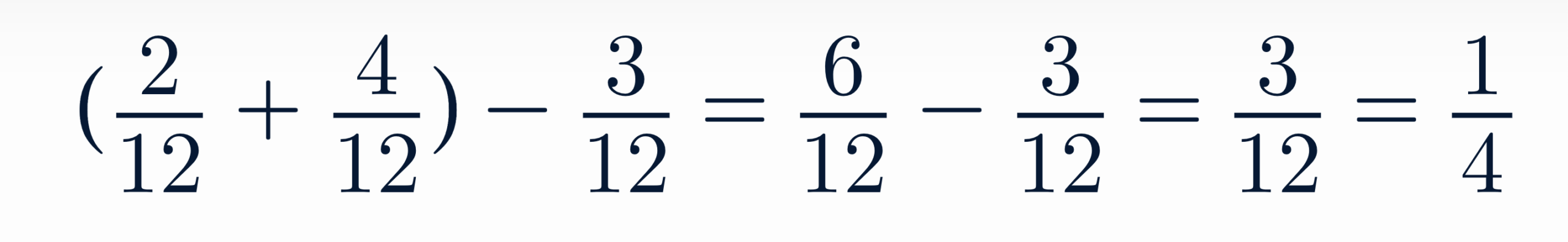 ejercicio matemático: (2/12 + 4/12) - 3/12 = 6/12 - 3/12 = 3/12 = 1/4