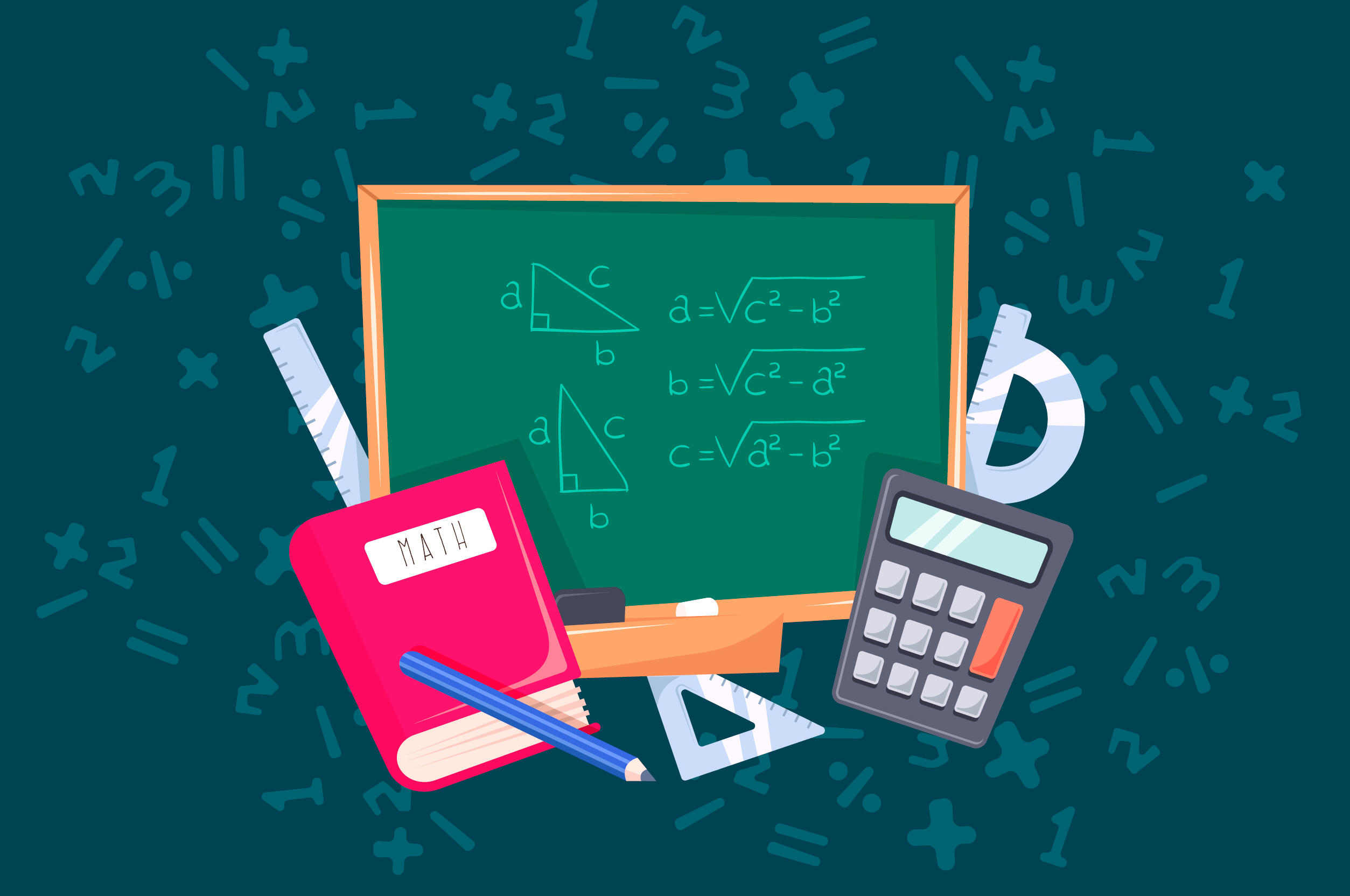 ilustración matemática cuaderno, pizarra, formula, calculadora y numeros flotando alrededor