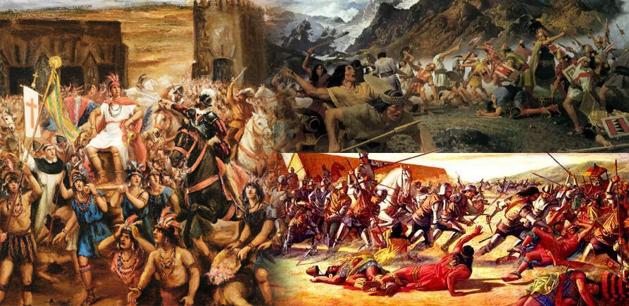 collage con pinturas de la conquista española y enfrentamientos con los incas