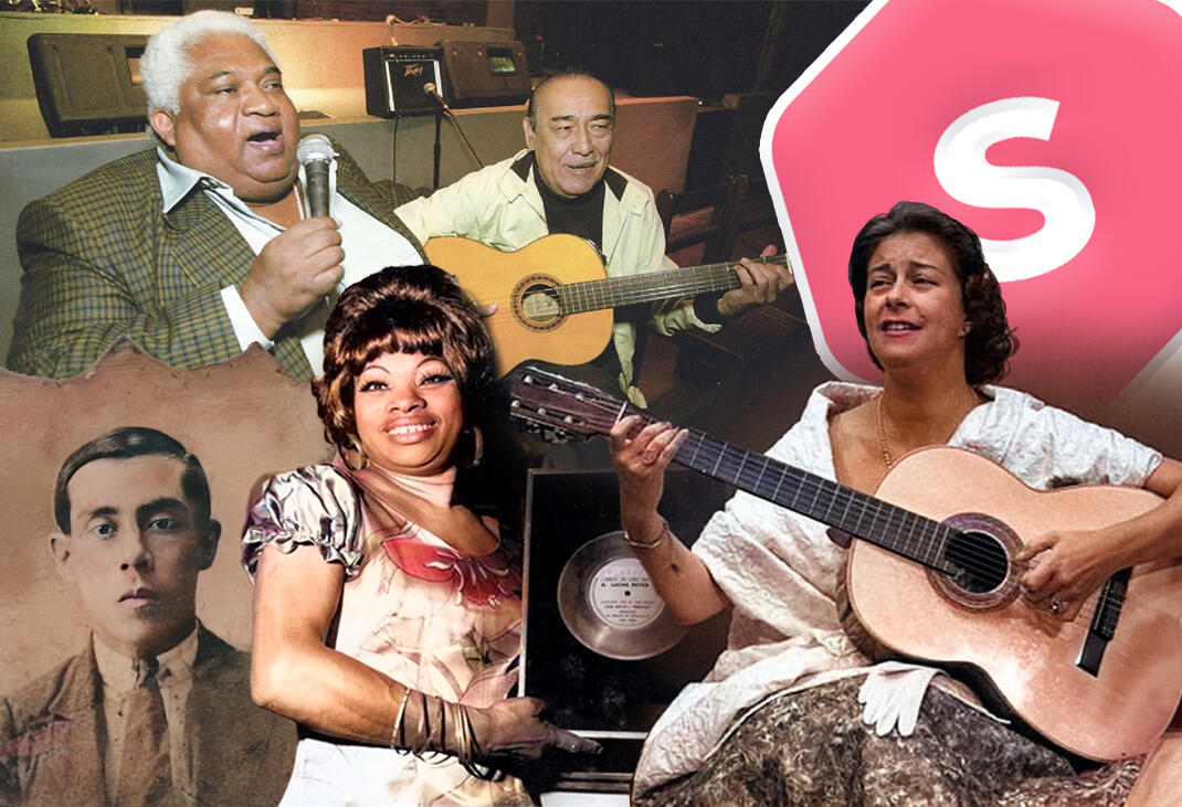 Collage con la foto a colores de los pioneros de la musica criolla y logo de superprof