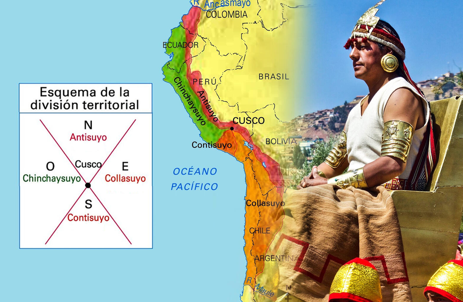 collage de un inca mirando hacia el mapa del Tahuantinsuyo