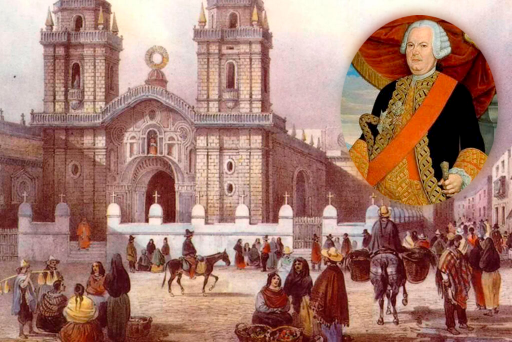 pintura antigua de la sociedad colonial con una imagen de un virrey en un óvalo