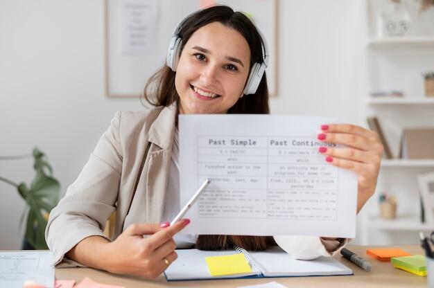 profesora enseñando una hoja mostrando el comparativo del Past Simple y Past Continuous
