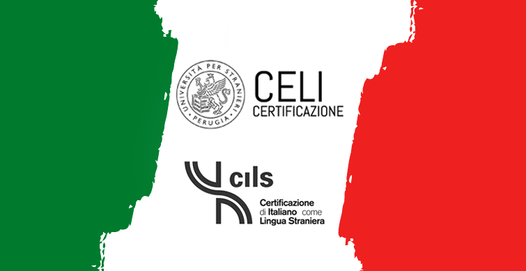 fondo con colores de italia y logos de CELI y CILS en el fondo blanco del medio