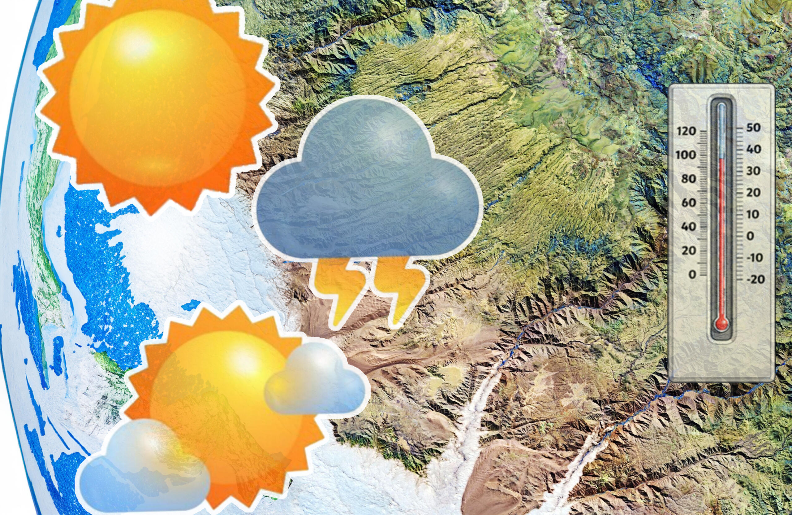 vista satelital del mapa del peru con iconos de diferentes climas y un termostato