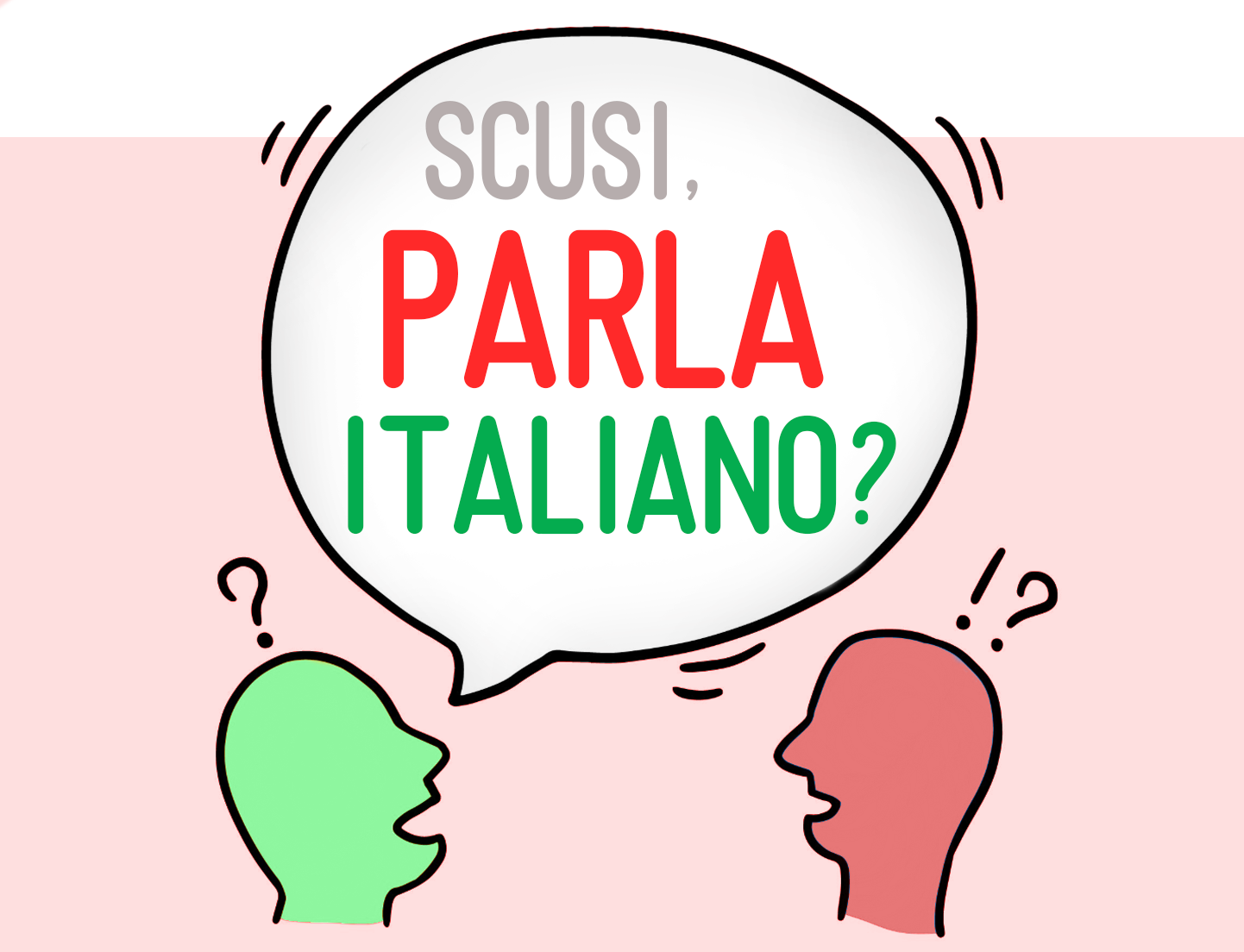 icono de dos personas frente a frente y uno con un globo gigante con el mensaje: SCUSI, PARLA ITALIANO?