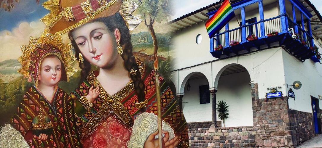 collage de pintura cusqueña con fachada del museo casa de Inca Garcilazo de la Vega